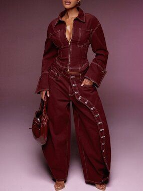 Burgundy Casual Women's Button Detail Wide Leg Barrel Jeans